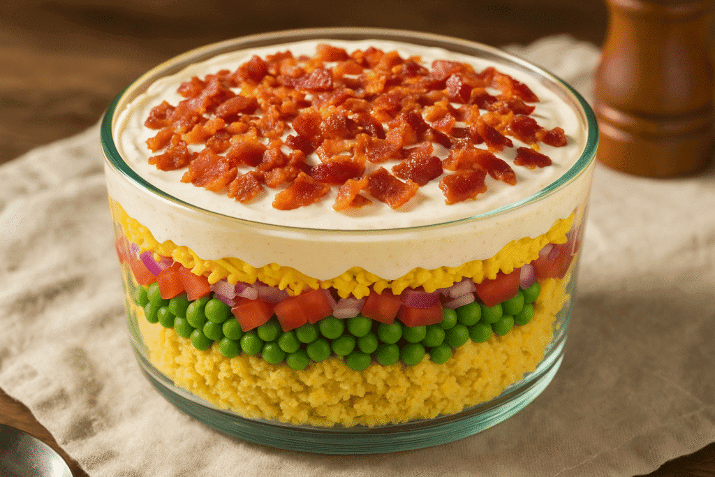 Layers of colorful vegetables topped with creamy dressing and crispy bacon bits in a clear glass bowl.