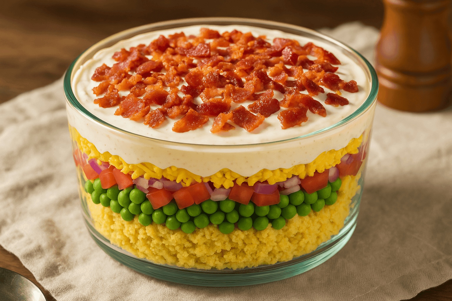 Layers of colorful vegetables topped with creamy dressing and crispy bacon bits in a clear glass bowl.