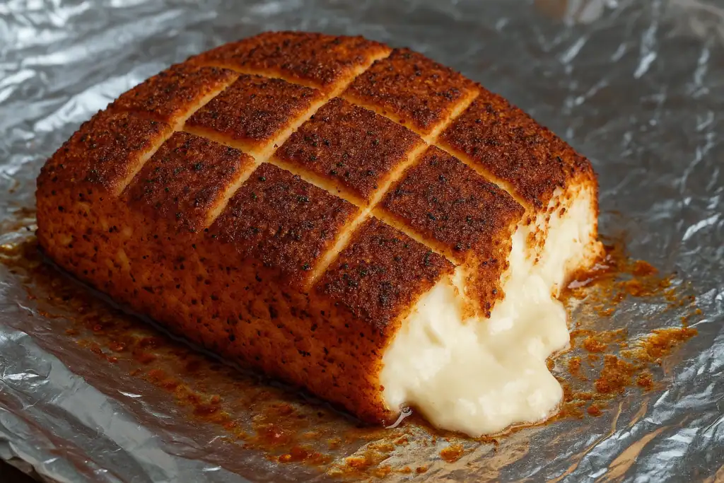 Golden brown, crispy crackling with creamy, melted pork fat inside, perfect for roasting or serving as a savory snack.