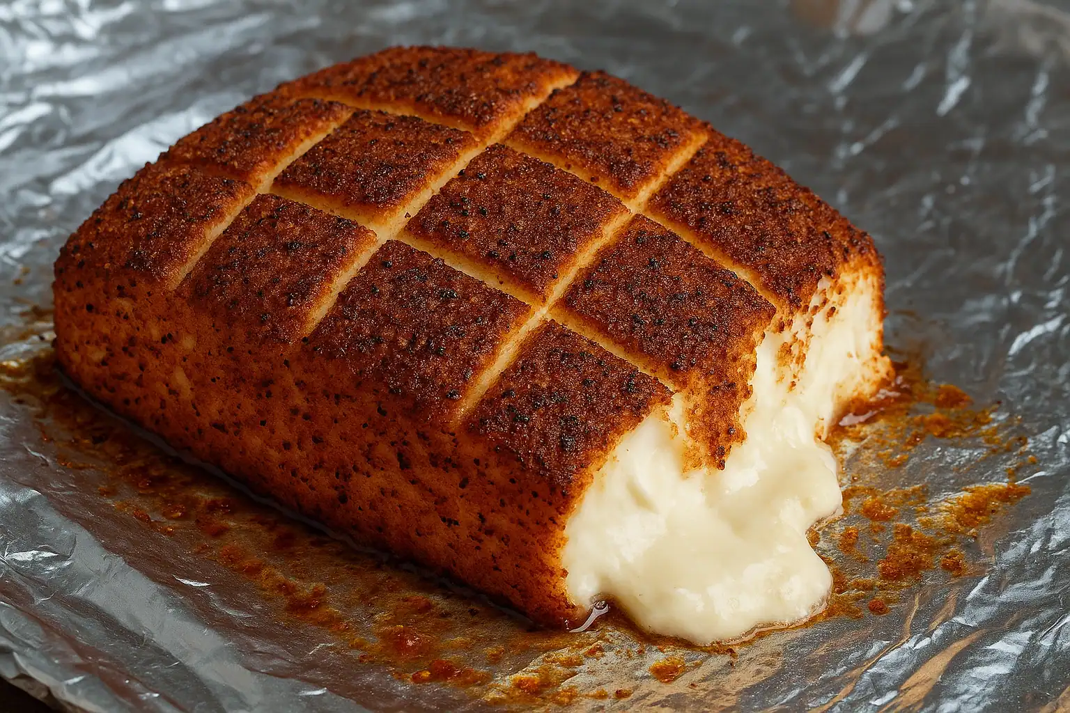 Golden brown, crispy crackling with creamy, melted pork fat inside, perfect for roasting or serving as a savory snack.