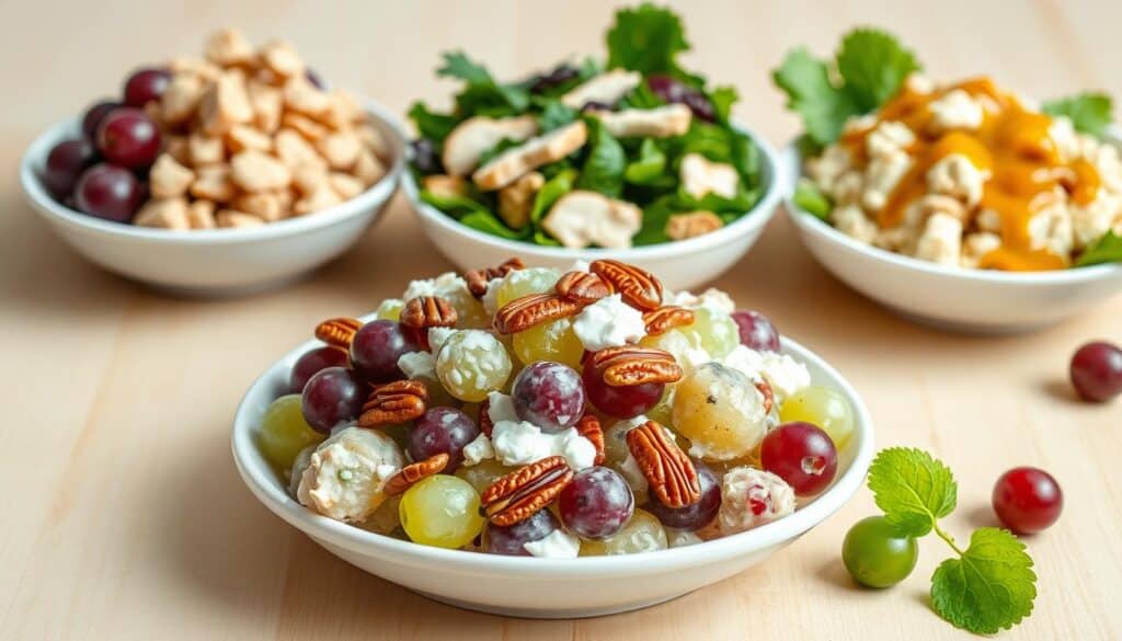 Fresh grape salad with pecans and cheese in a white bowl, with assorted salads and greens in the background, on a wooden surface.