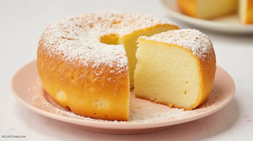 Soft, fluffy sponge cake with powdered sugar topping on a pink plate, perfect for desserts and special occasions.