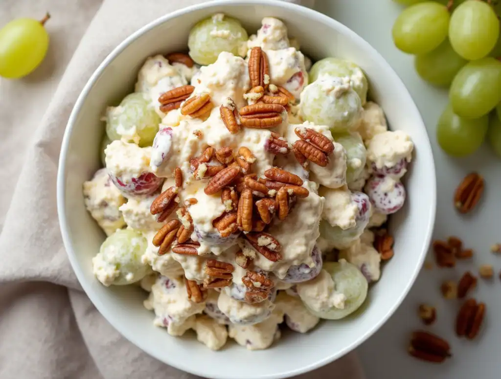 Refreshing grape and pecan creamy salad in a white bowl, garnished with toasted pecans, served with fresh grapes in the background, perfect for summer desserts and fruit salads.