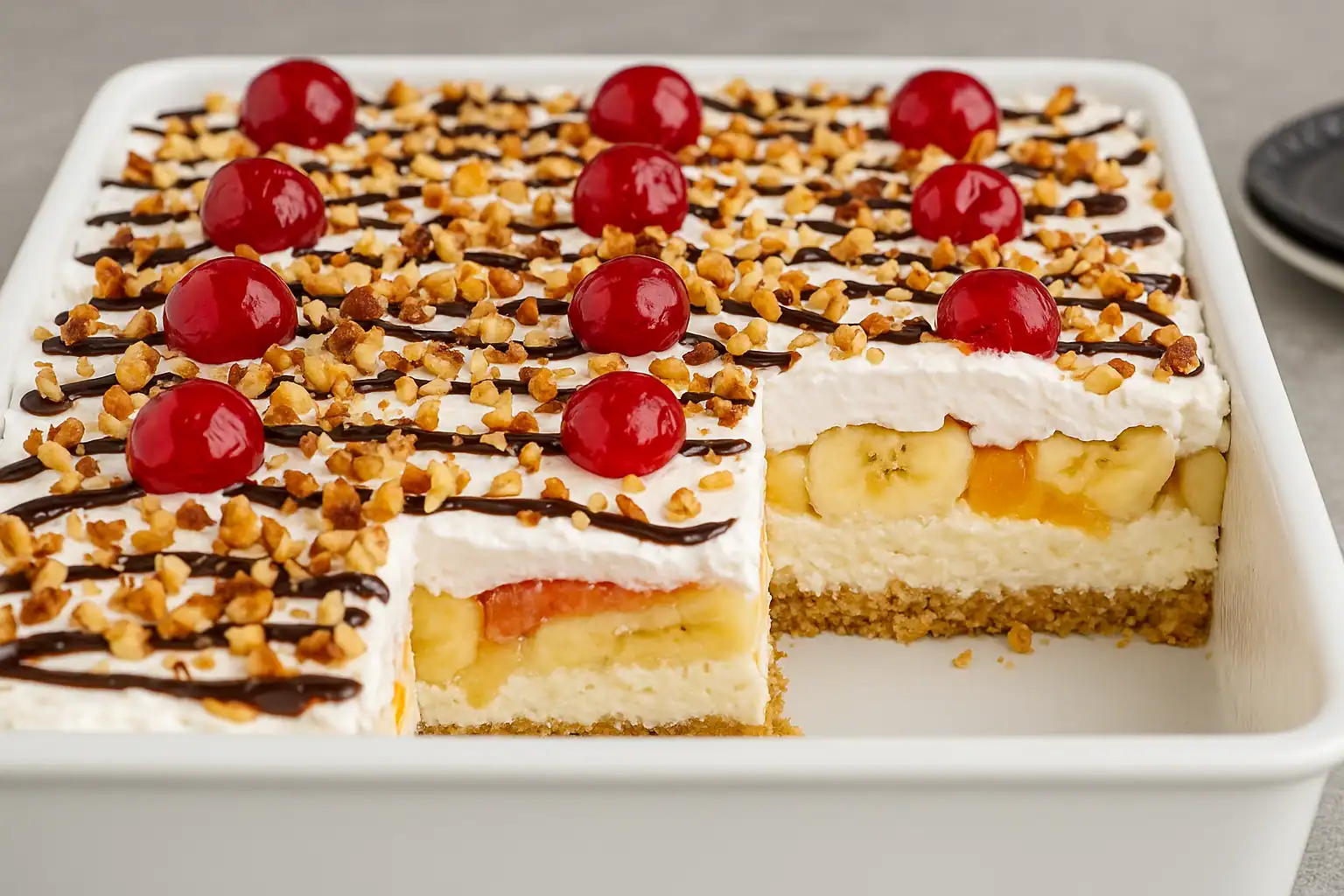 Sweet banana and cherry layered dessert with whipped cream, chopped nuts, and chocolate drizzle in a white rectangular dish.