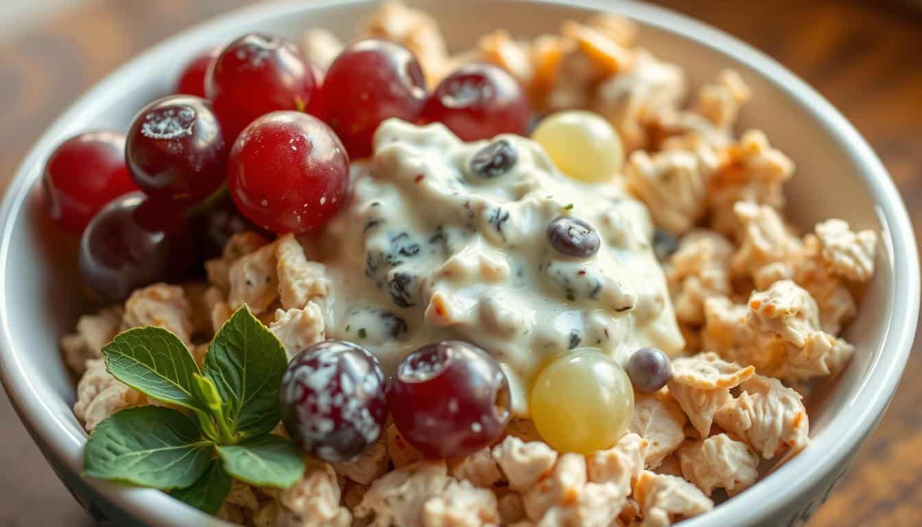 Fresh cranberry salad with creamy sauce, grapes, and herbs in a white bowl, perfect for healthy eating and festive occasions.