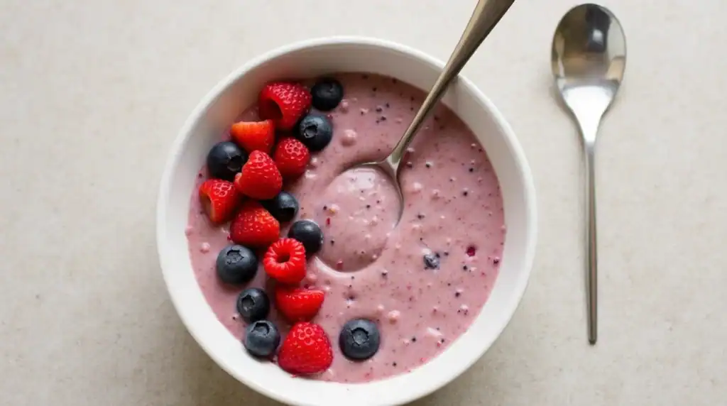 Fresh mixed berry smoothie with strawberries and blueberries in a white bowl on a light surface.