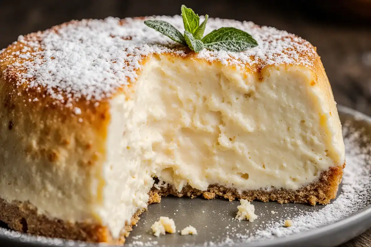 Creamy cheese cake with a graham cracker crust, dusted with powdered sugar and garnished with fresh mint leaves. Perfect for dessert lovers seeking a rich, smooth treat.
