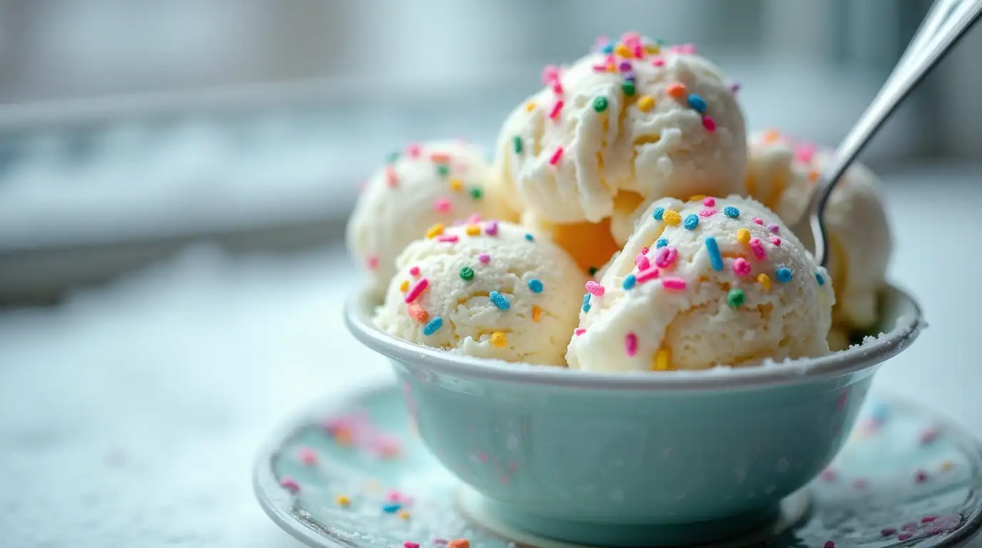 Creamy vanilla ice cream scoops with colorful sprinkles in a white bowl, delicious summer dessert, homemade ice cream, sweet treat, cold and refreshing, perfect for satisfying sugar cravings, refreshing treat for hot days.
