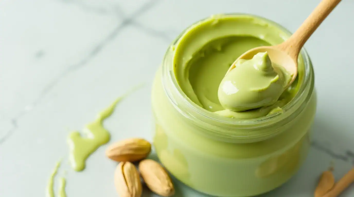 Creamy avocado spread in a jar with a wooden spoon, accompanied by almonds, perfect for healthy snacks or toast toppings.