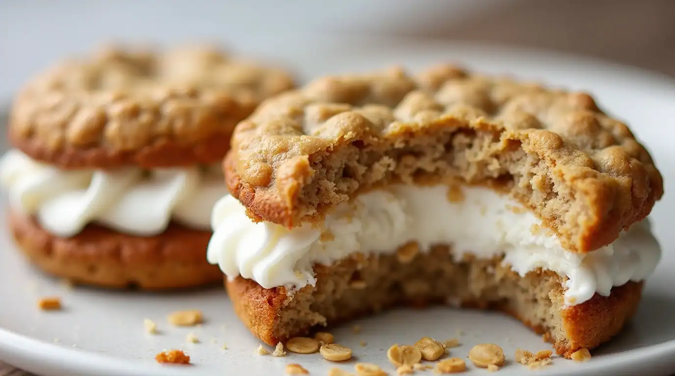 Rich oatmeal cookie sandwich with creamy white filling and crunchy oats, break in half revealing soft interior, perfect for desserts and snacks, bakery-style treat, delicious homemade-style cookie from Recipestang.