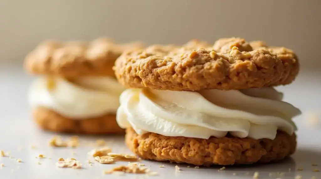 Buttery oatmeal cookie sandwich with creamy white filling, close-up view of homemade sweet treat, perfect for snack or dessert, deliciously textured cookies with smooth filling, soft interior and crunchy exterior.