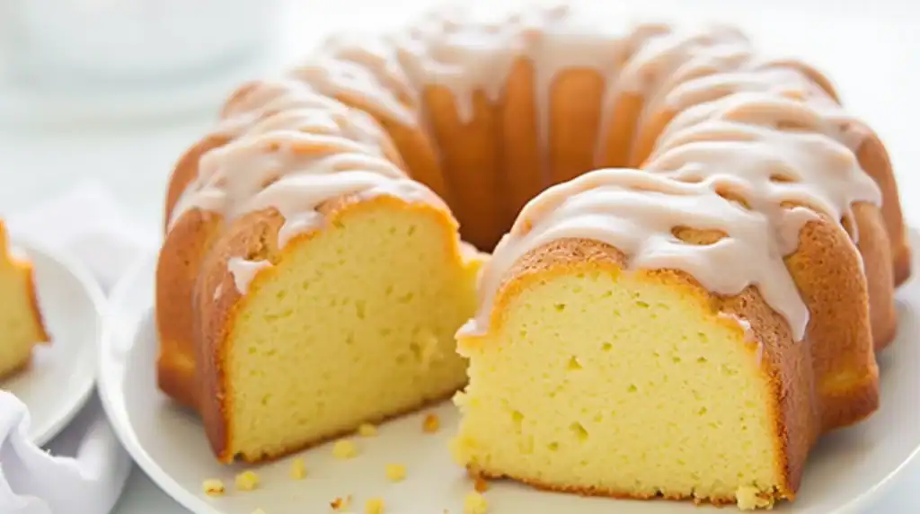 Butter cake with white icing drizzled on top, sliced to reveal fluffy yellow interior, classic dessert for celebrations, perfect for afternoon tea or special occasions, served on white cake plate.