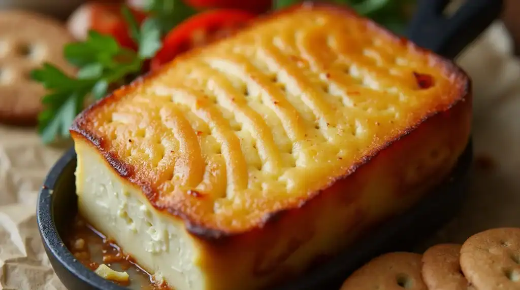 Baked potato casserole with melted cheese and golden crispy top served in a black dish on a rustic wooden surface.