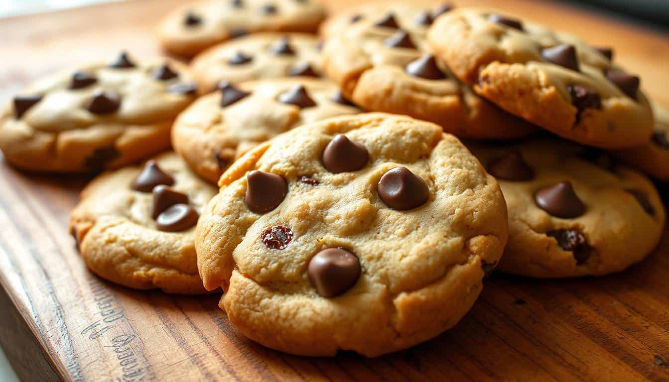 Chewy chocolate chip cookies on a wooden surface, fresh baked and delicious for dessert or snack. Perfectly golden with melted chocolate chips, ideal for cookie lovers and baking recipes.