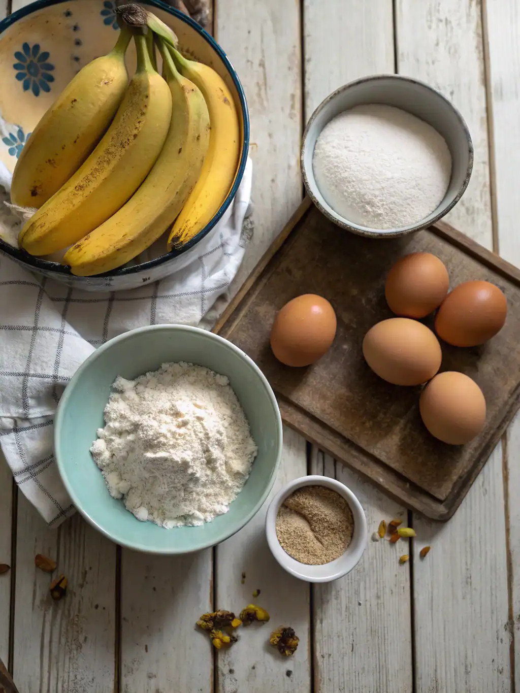 Bananas, flour, eggs, and spices arranged for baking in a rustic kitchen setting. Perfect ingredients for making delicious banana bread or cake at home.