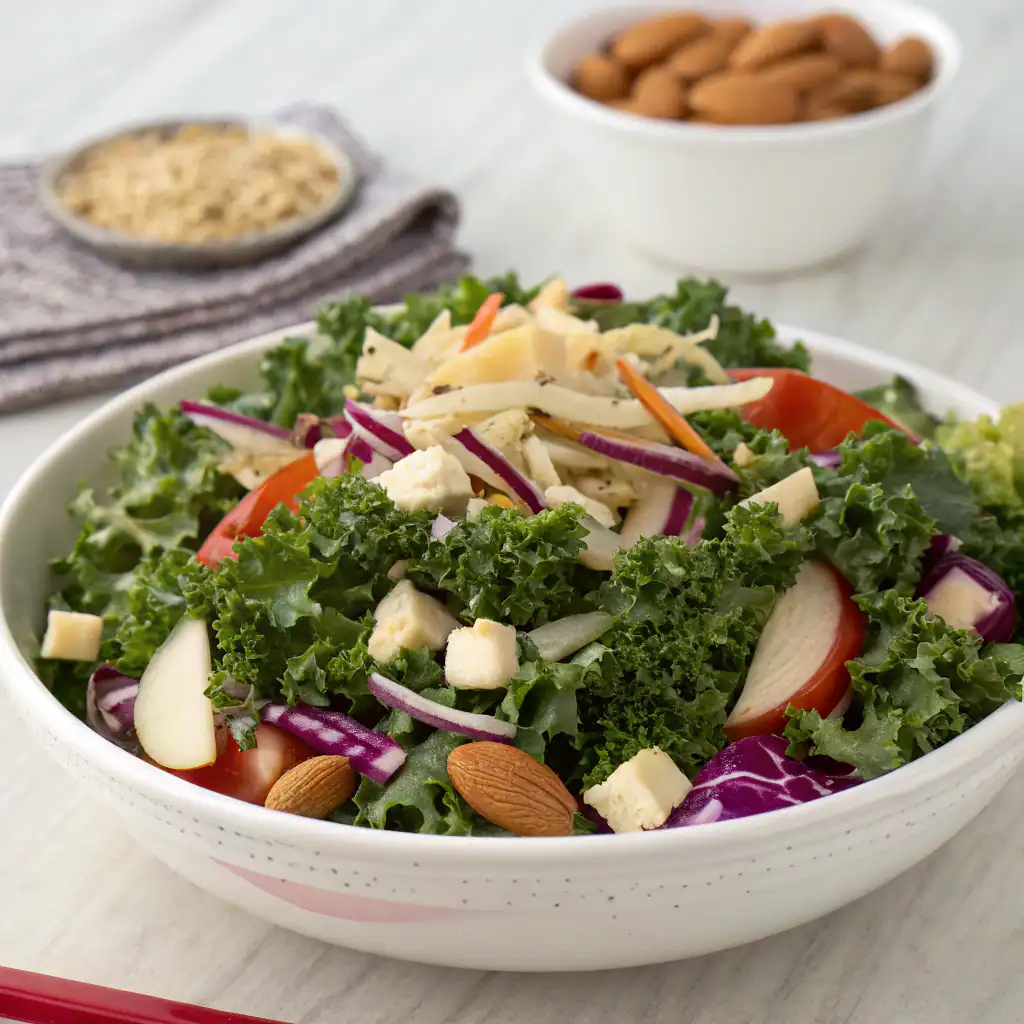 Fresh kale and vegetable salad with almonds, cheese, and red onions in a white bowl, perfect for healthy meals or side dishes.