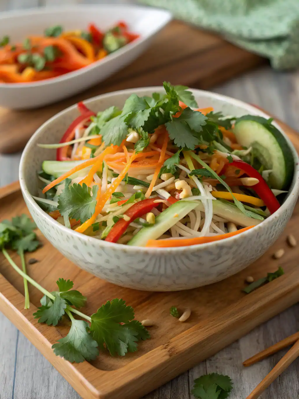 Fresh vegetable noodle salad with julienned carrots, cucumbers, red peppers, bean sprouts, and cilantro in a white ceramic bowl. Healthy, colorful, and delicious Asian-style dish.