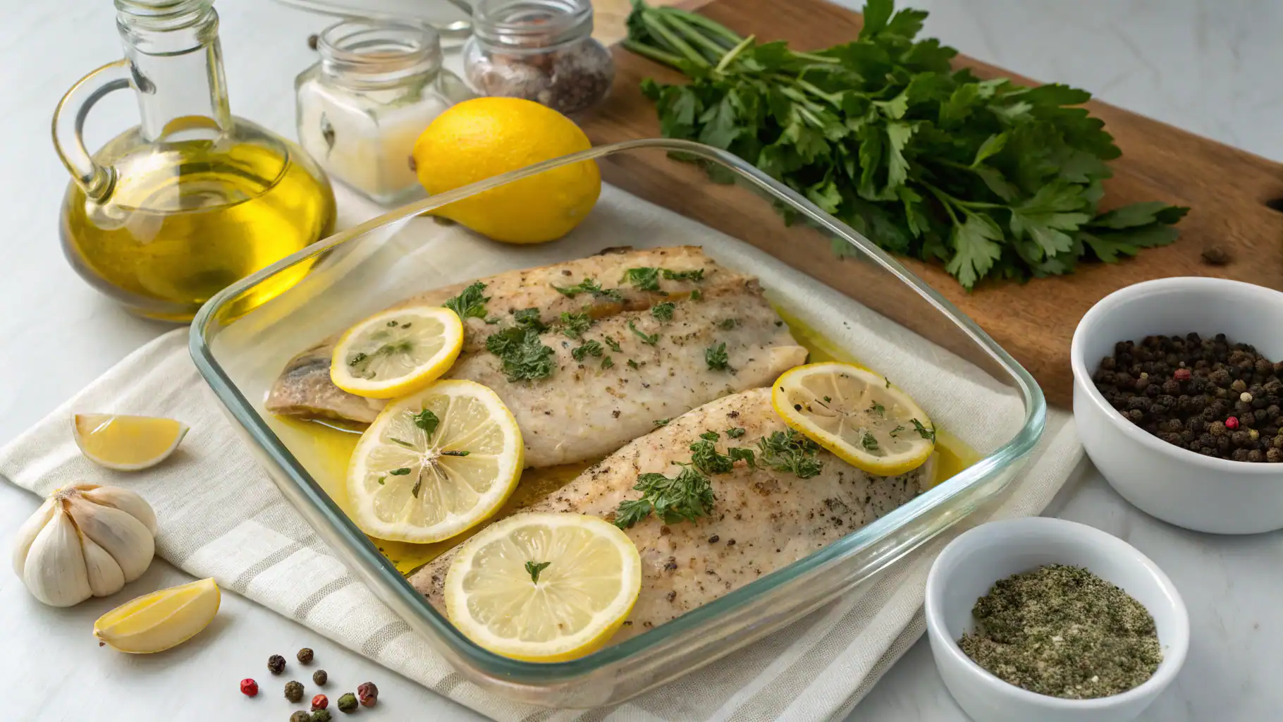 Juicy baked fish fillets with lemon slices and fresh herbs in a glass baking dish, surrounded by garlic, parsley, seasonings, and olive oil on a light-colored countertop.