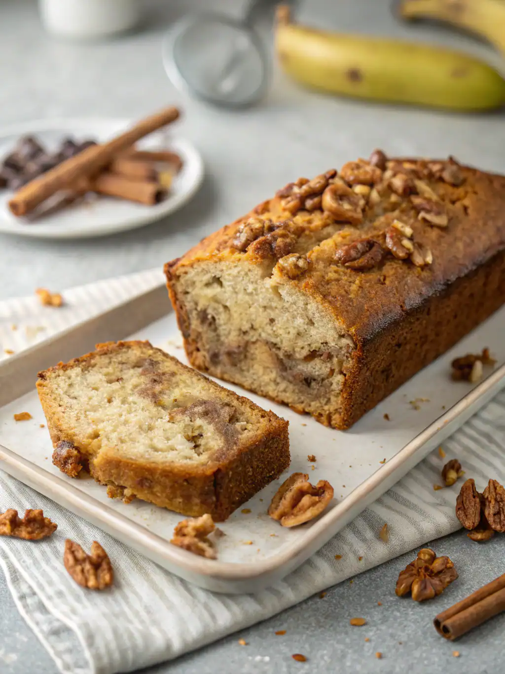 Delicious banana nut bread with walnuts, baked to perfection and sliced on a white tray surrounded by cinnamon sticks and walnuts for a flavorful breakfast or snack.