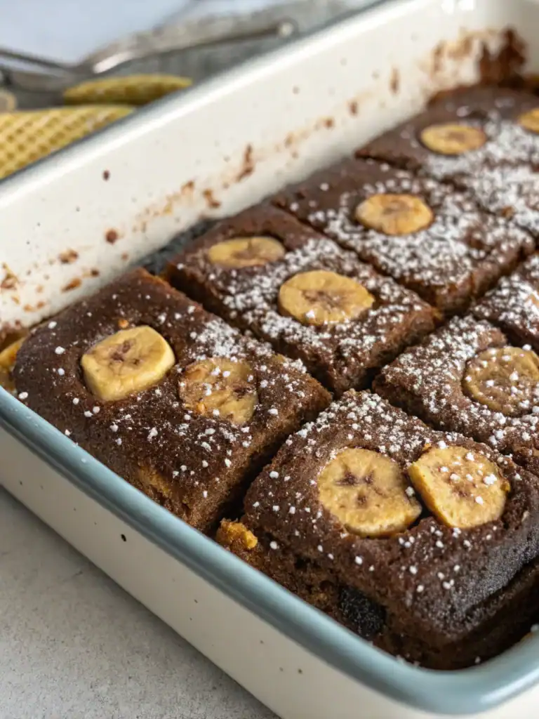 Delicious homemade banana chocolate brownies baked in a white baking dish, topped with sliced bananas and powdered sugar, perfect for dessert or snack.