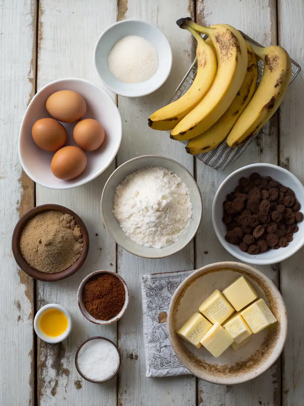 Soft and ripe bananas with baking ingredients like eggs, flour, butter, cocoa powder, sugar, and chocolate chips on a rustic wooden table, perfect for banana bread or cake recipes.