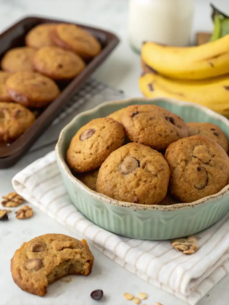 Butter cookies, chocolate chip cookies, baked goods, banana, fresh bananas, homemade cookies, snack, dessert, sweet treats, cozy baking scene, delicious cookies, baked snacks, bakery, tasty cookies, rustic kitchen, comfort food, treat, culinary delight, warm baked goods.