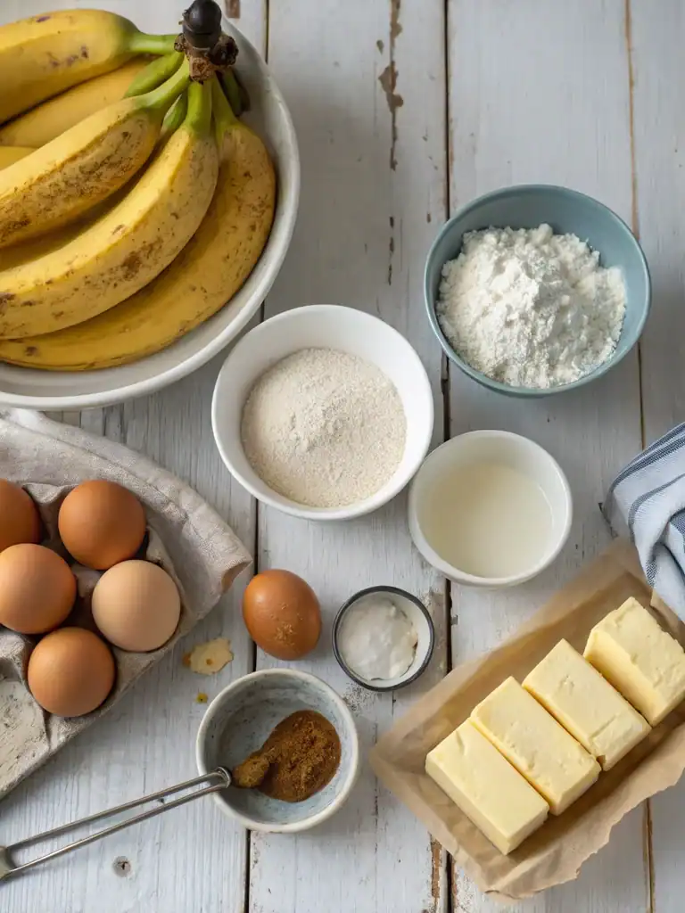 Bananas, eggs, flour, butter, and spices on a rustic wooden surface ready for baking recipes. Perfect ingredients for delicious banana bread, cake, or muffins from Recipestang.