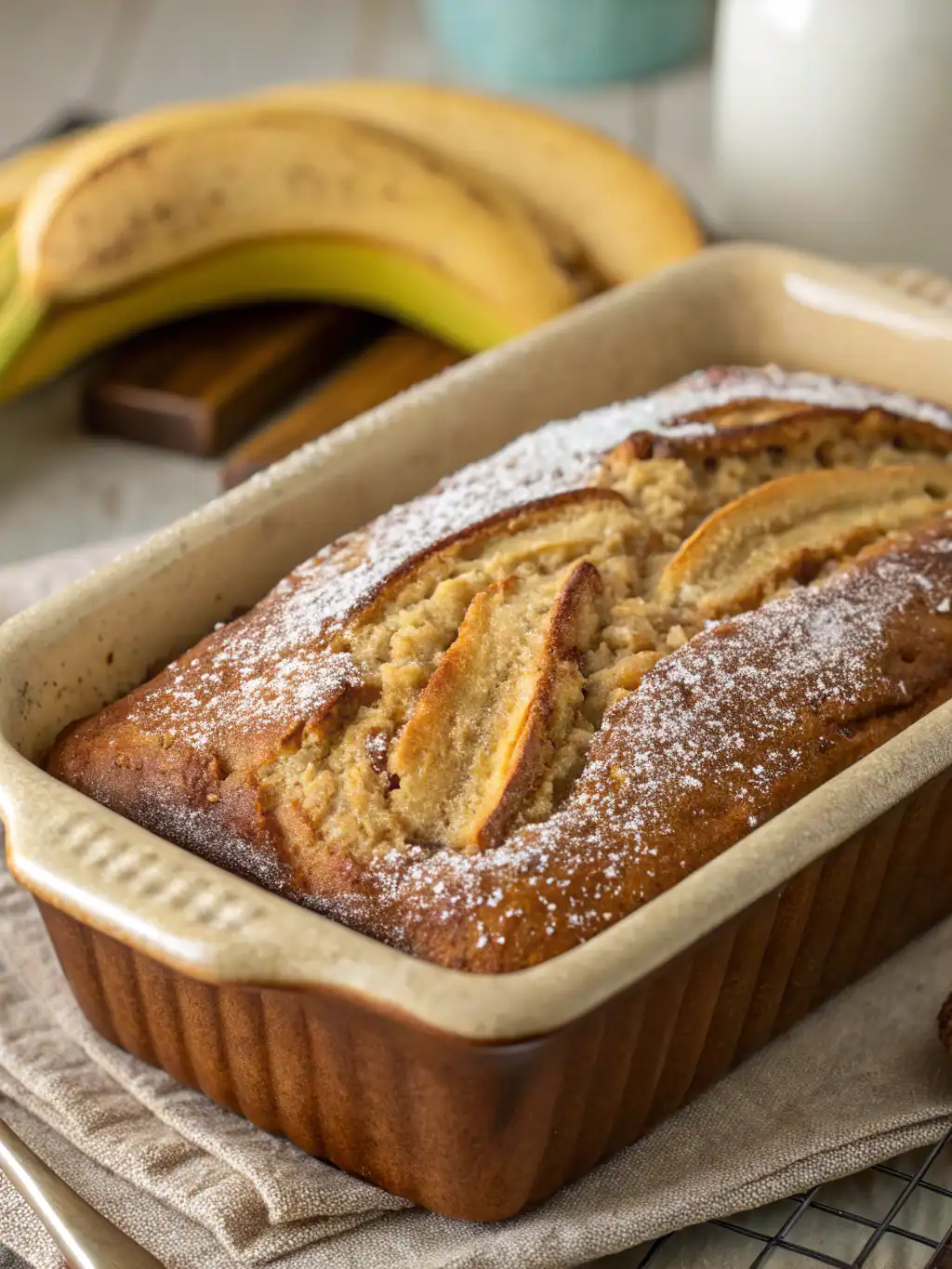 Banana bread with powdered sugar in a baking dish, fresh bananas in the background, homemade banana bread recipe, moist and flavorful banana cake, perfect for breakfast or snack.