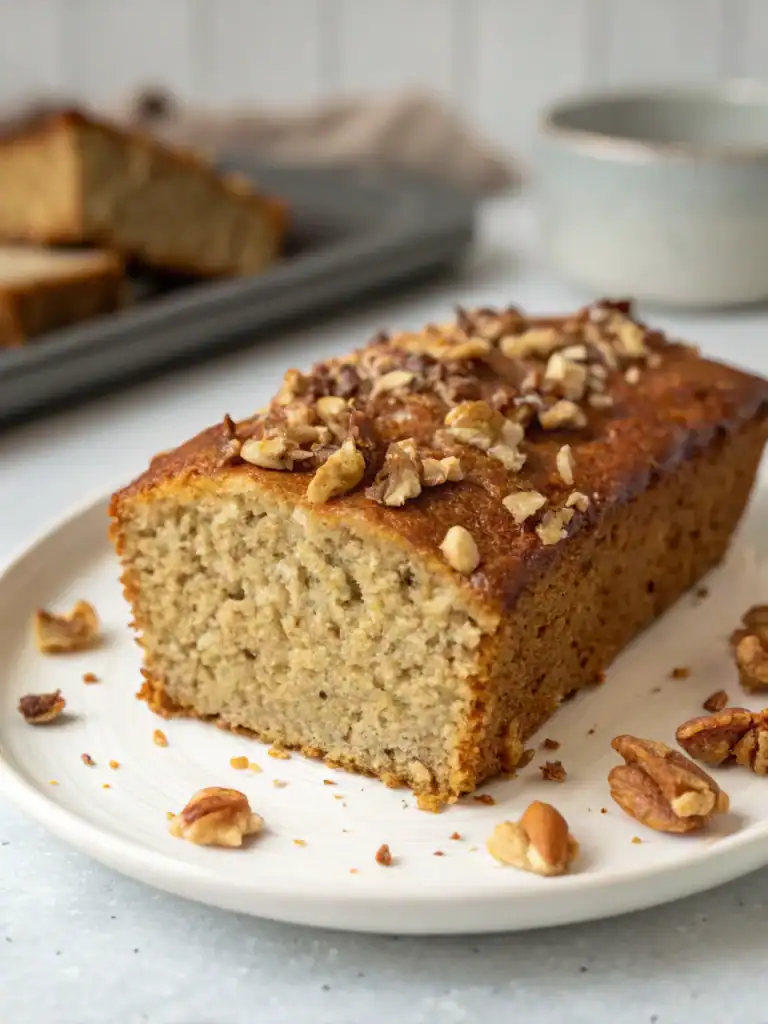 Buttery banana walnut bread with chopped walnuts on top, served on white plate for breakfast or snack, home-baked banana bread recipe, fresh homemade bread from Recipestang.