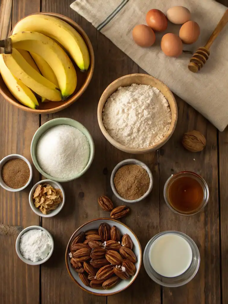 Fresh bananas, eggs, flour, sugar, spices, nuts, honey, milk, and baking ingredients for baking recipes on wooden table.