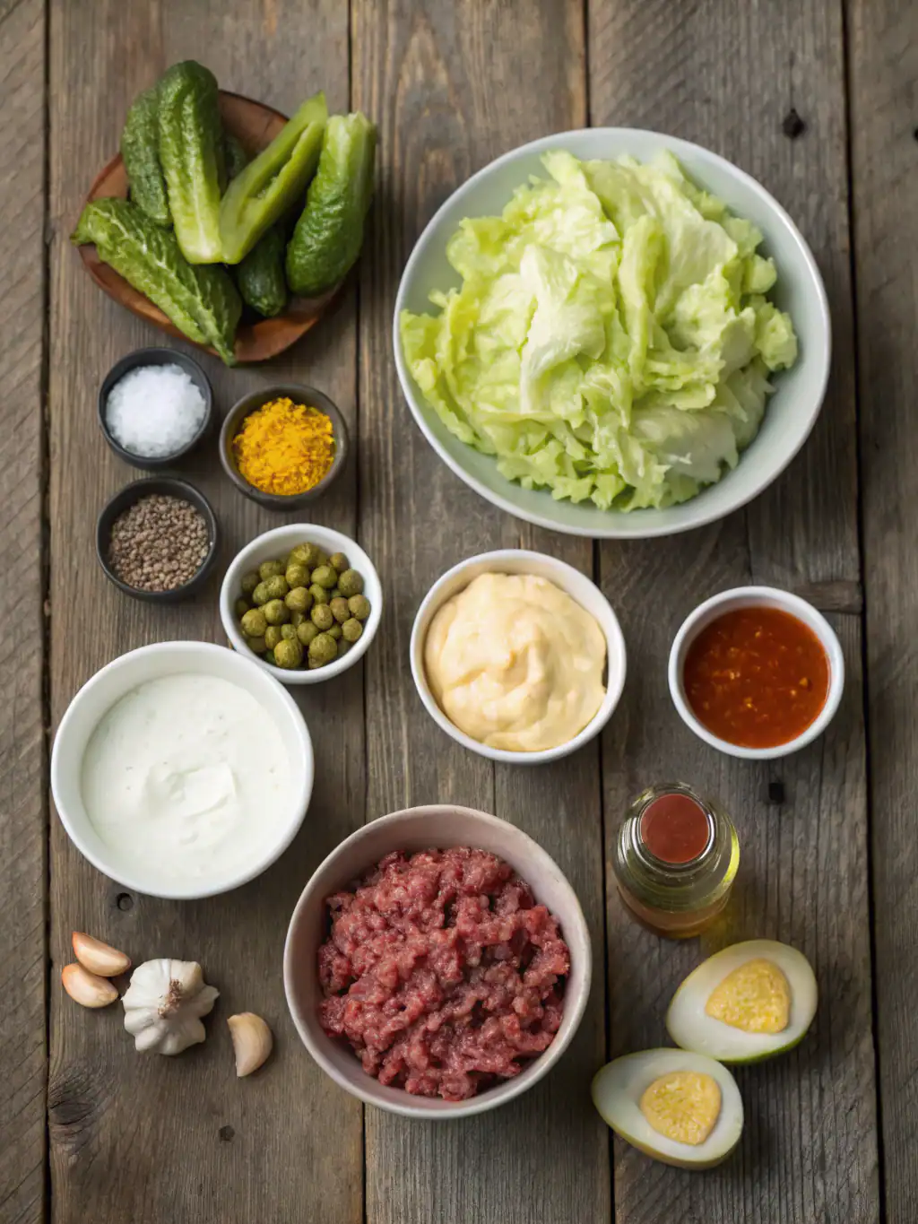 Fresh ingredients for a homemade beef burger patties recipe, including ground beef, hard-boiled eggs, spices, condiments, and vegetables on a rustic wooden table.