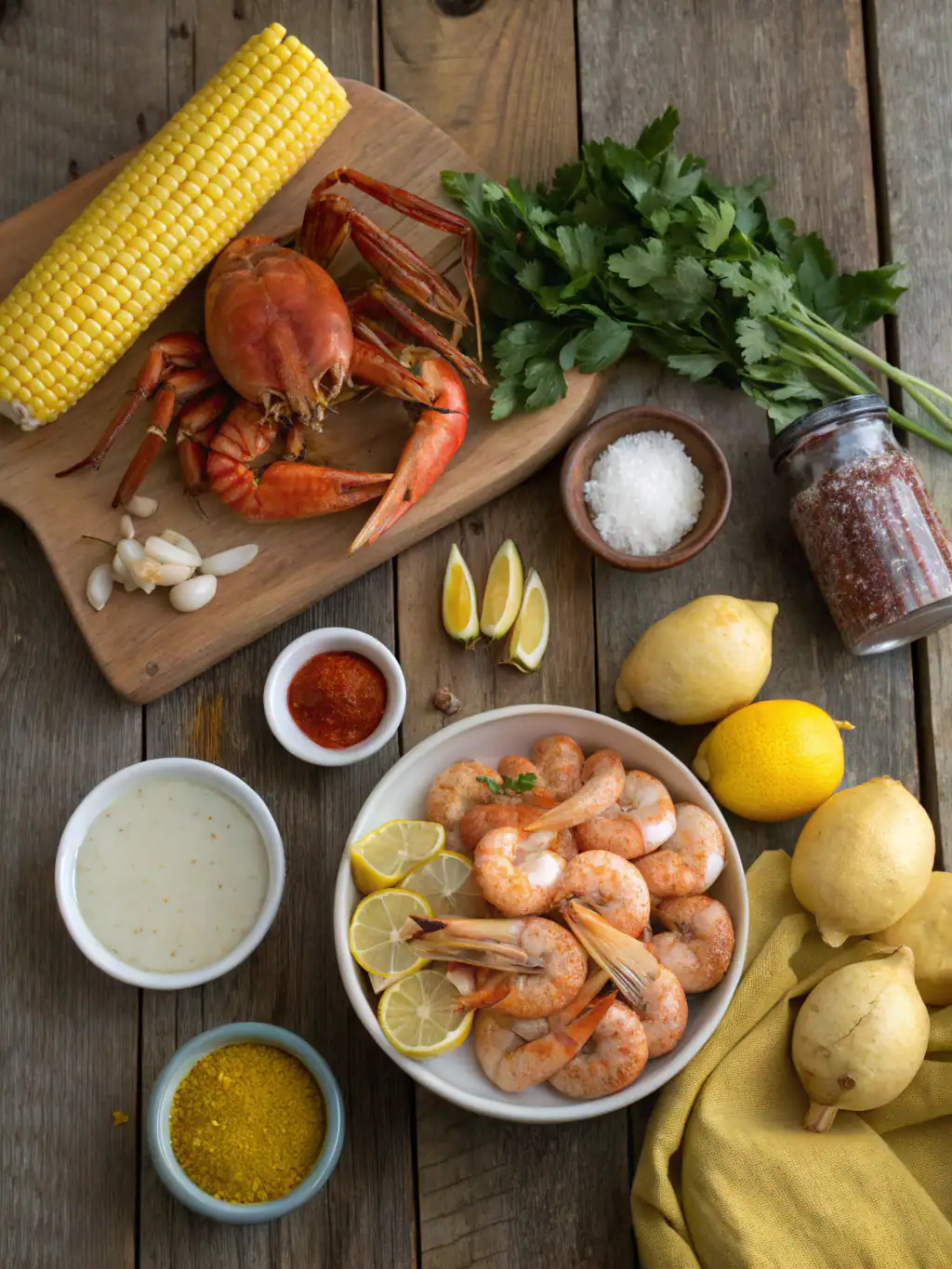 Fresh seafood ingredients including shrimp, lobster, and corn on the cob with vibrant herbs and spices, perfect for seafood recipes and cooking ideas.