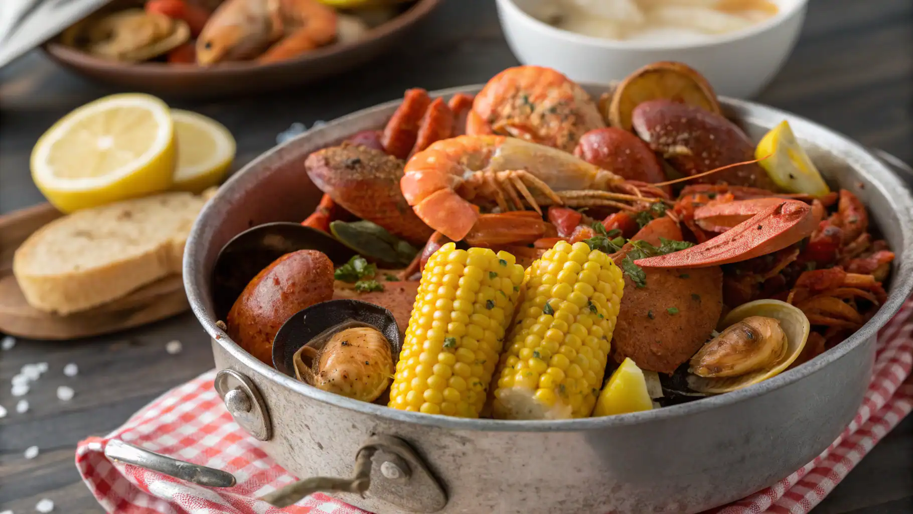 Succulent seafood boil with shrimp, crab, clams, corn on the cob, and seasoning, served in a metal pot with lemon wedges and toasted bread on the side.