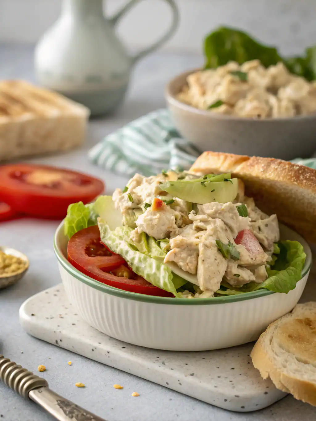 Creamy chicken salad with fresh vegetables on a bed of lettuce, served with toasted bread and tomato slices for a delicious and healthy meal. Perfect for sandwiches or standalone lunch options.