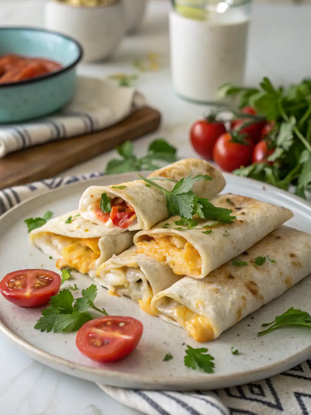 Crispy breakfast burritos filled with scrambled eggs, cheese, and fresh vegetables on a white plate, garnished with cilantro and cherry tomatoes, served with a fresh salad and smoothies for a healthy meal.