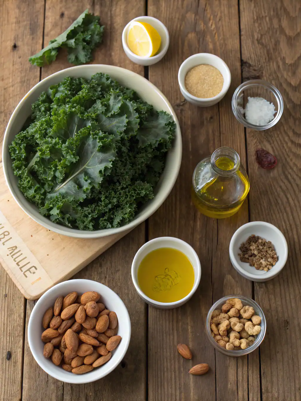 Fresh kale leaves in a white bowl, accompanied by almonds, lemon wedges, olive oil, sea salt, black pepper, and various seasonings on a rustic wooden table for healthy cooking ingredients.