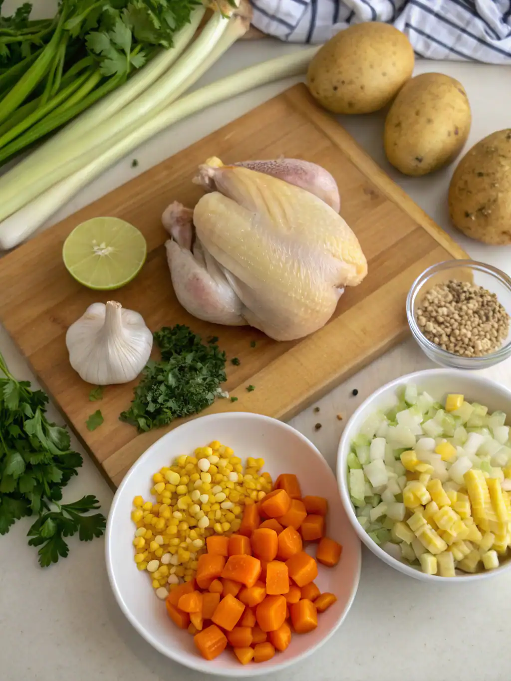 Juicy raw chicken on a cutting board with fresh vegetables, garlic, lime, and seasoning for a delicious homemade recipe. Perfect ingredients for cooking flavorful chicken dishes.