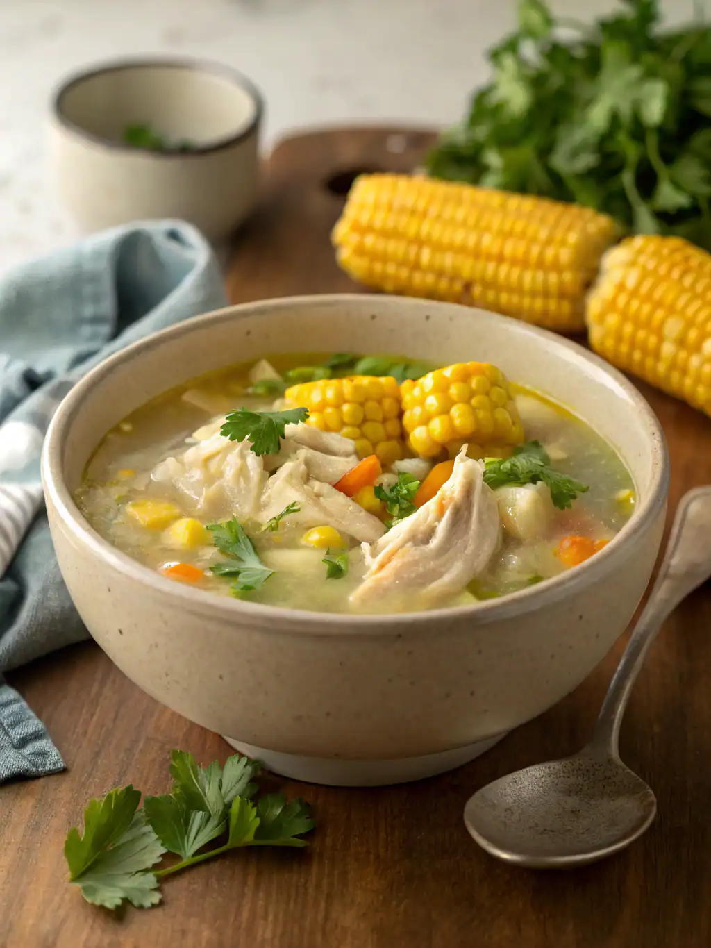 Creamy chicken and corn soup with fresh vegetables served in a rustic bowl, garnished with cilantro, on a wooden table with corn on the cob and green herbs in the background.