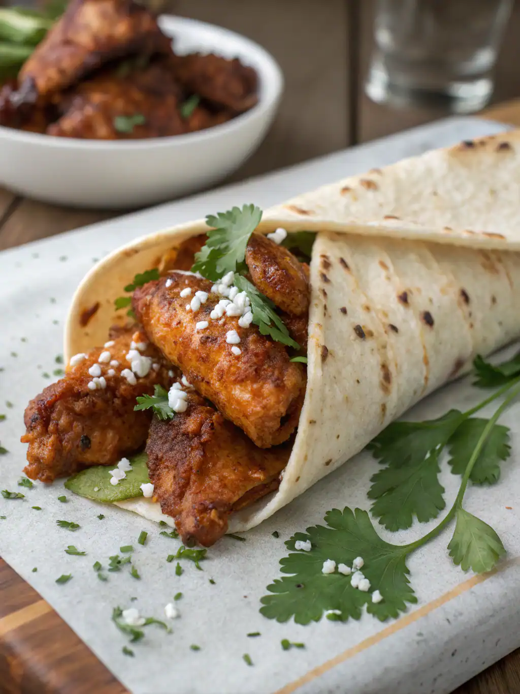 Crispy fried chicken wrap with fresh herbs and crumbled cheese in a soft grilled flatbread, served on a rustic wooden board with garnished cilantro. Perfect for flavorful quick meals.