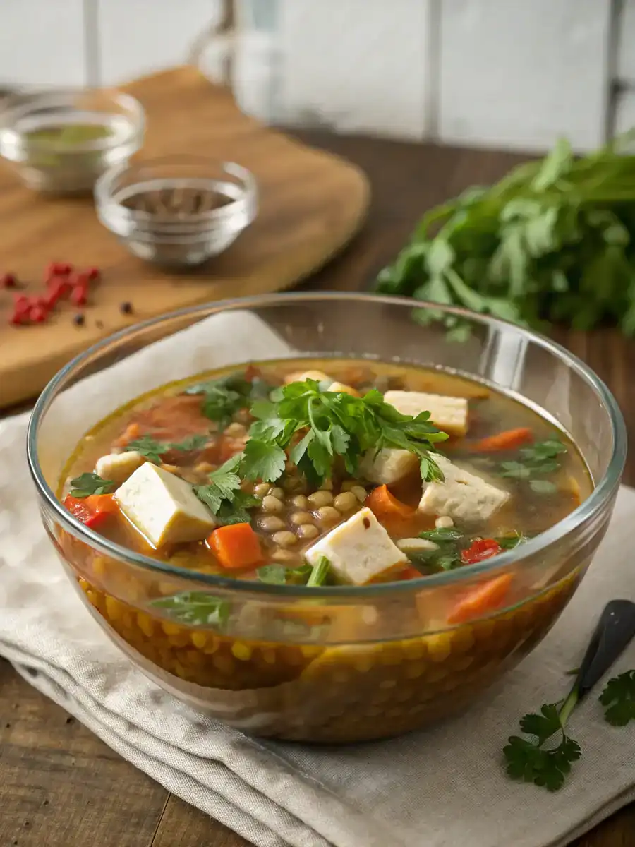 Savory vegetable lentil soup with tofu and fresh herbs in a glass bowl healthy vegetarian meal low-calorie comfort food perfect for lunch or dinner.