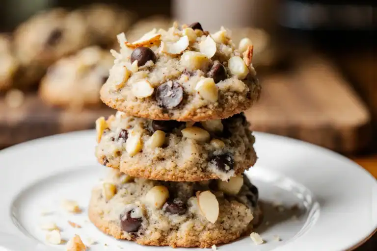 Rich chocolate chip cookies topped with chopped nuts and white chocolate chips, showcasing a crispy golden-brown exterior and gooey chocolate inside, perfect for dessert or snack.