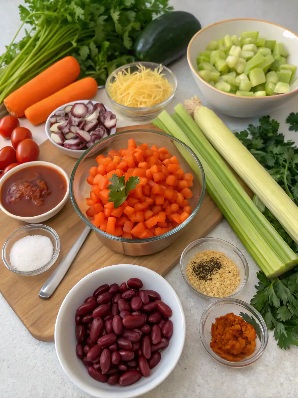 Fresh vegetable ingredients for cooking, including diced carrots, celery, cherry tomatoes, red beans, and herbs, arranged for a healthy recipe preparation. Perfect for nutritious home-cooked meals.