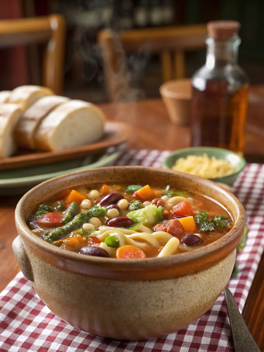 Steaming bowl of hearty vegetable soup with beans and pasta, served in a rustic ceramic bowl on a checkered tablecloth, with sliced bread and condiments in the background.