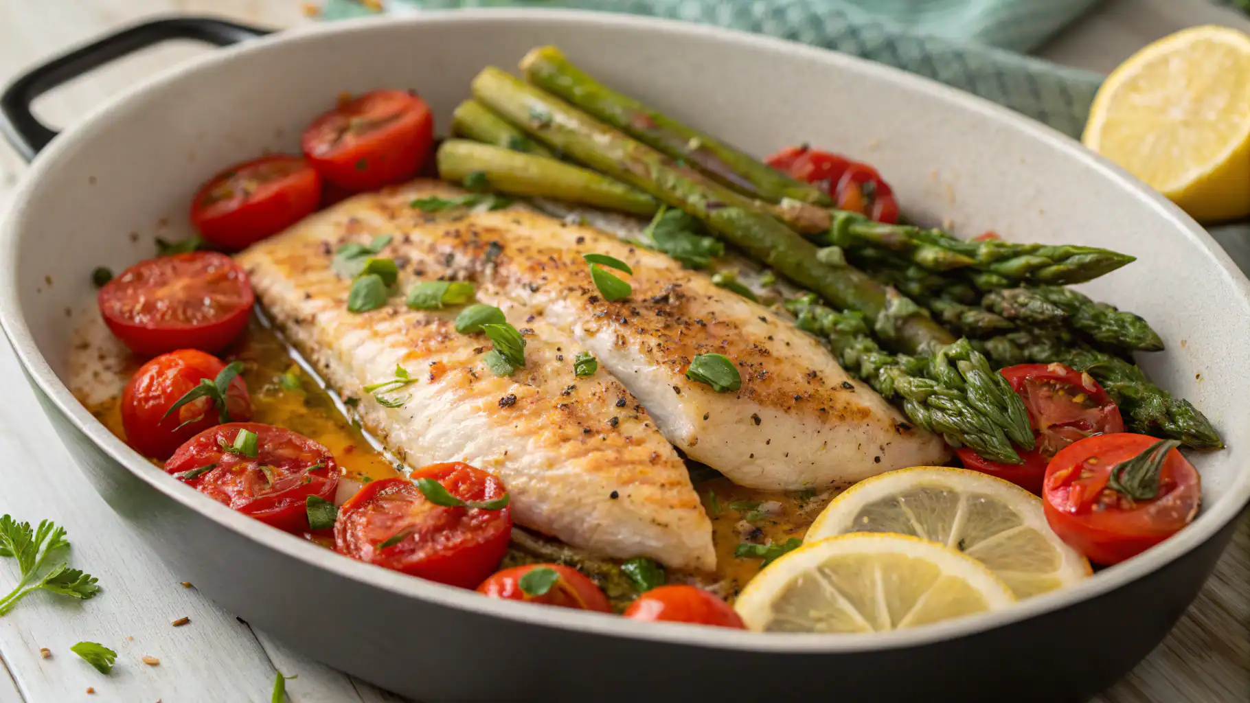 Baked salmon fillet with cherry tomatoes, fresh asparagus, and lemon slices in a white baking dish. Perfect for healthy, flavorful dinner recipes and seafood meal ideas.