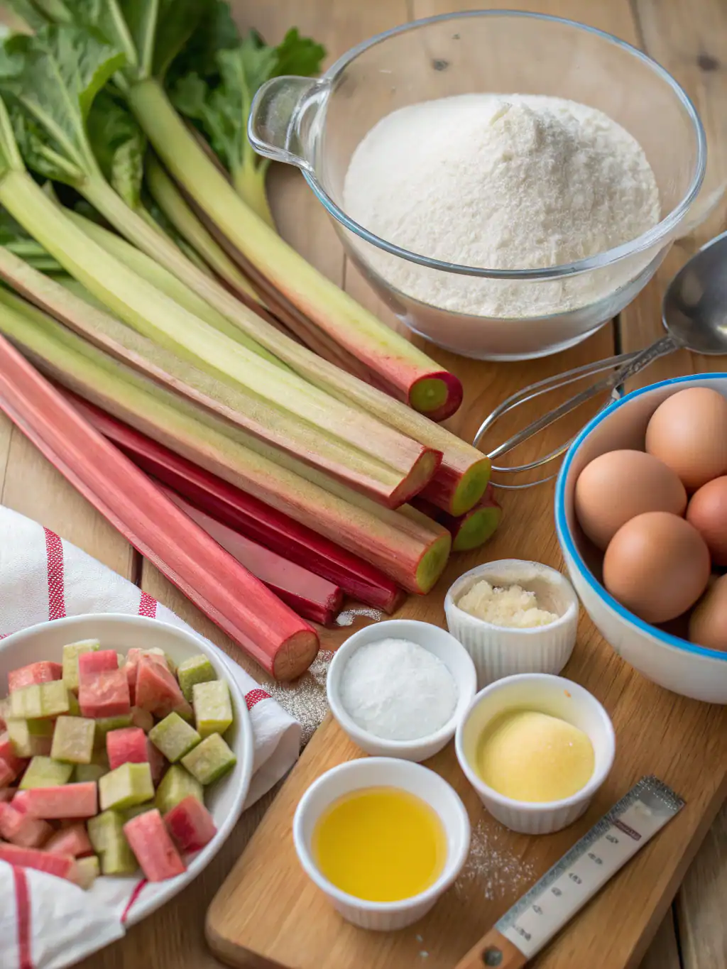 Fresh rhubarb stalks, eggs, flour, and baking ingredients arranged for a baking recipe on wooden surface. Perfect setup for making rhubarb desserts or pies at home.
