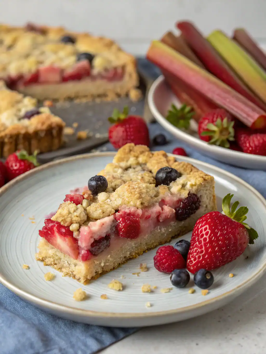 Fresh mixed berry crumble dessert slice with strawberries, blueberries, and raspberries on a white ceramic plate. Perfect for summer gatherings and berry lovers.