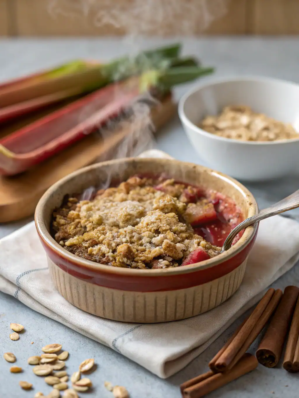Sweet potato crumble baked dish with cinnamon sticks, oats, and fresh rhubarb in the background. Perfect for cozy desserts and healthy snacks. Stylish rustic presentation.