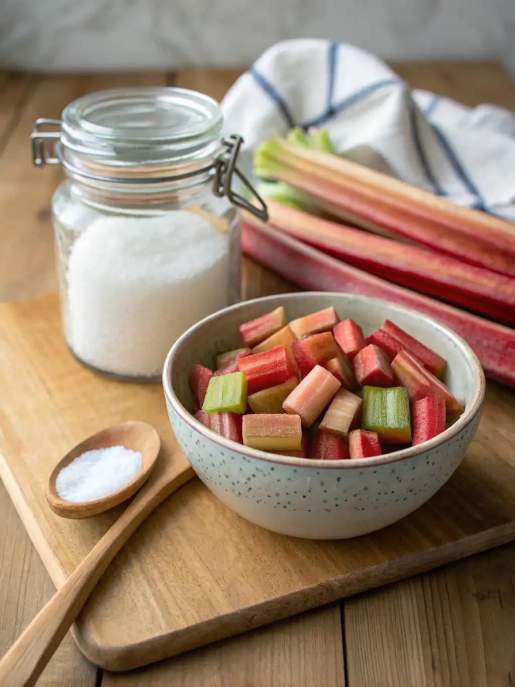 Vibrant freshly cut rhubarb stalks in a ceramic bowl, with a jar of sugar, a wooden spoon, and a cloth napkin on a wooden cutting board, perfect for delicious rhubarb recipes.