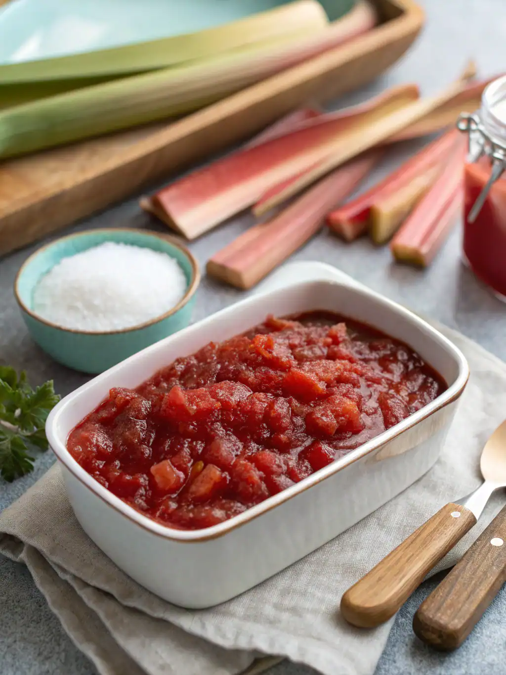 Rhubarb compote in a white baking dish with fresh rhubarb stalks, salt, and jam jar on a rustic surface, highlighting easy, homemade dessert recipes and seasonal ingredients.