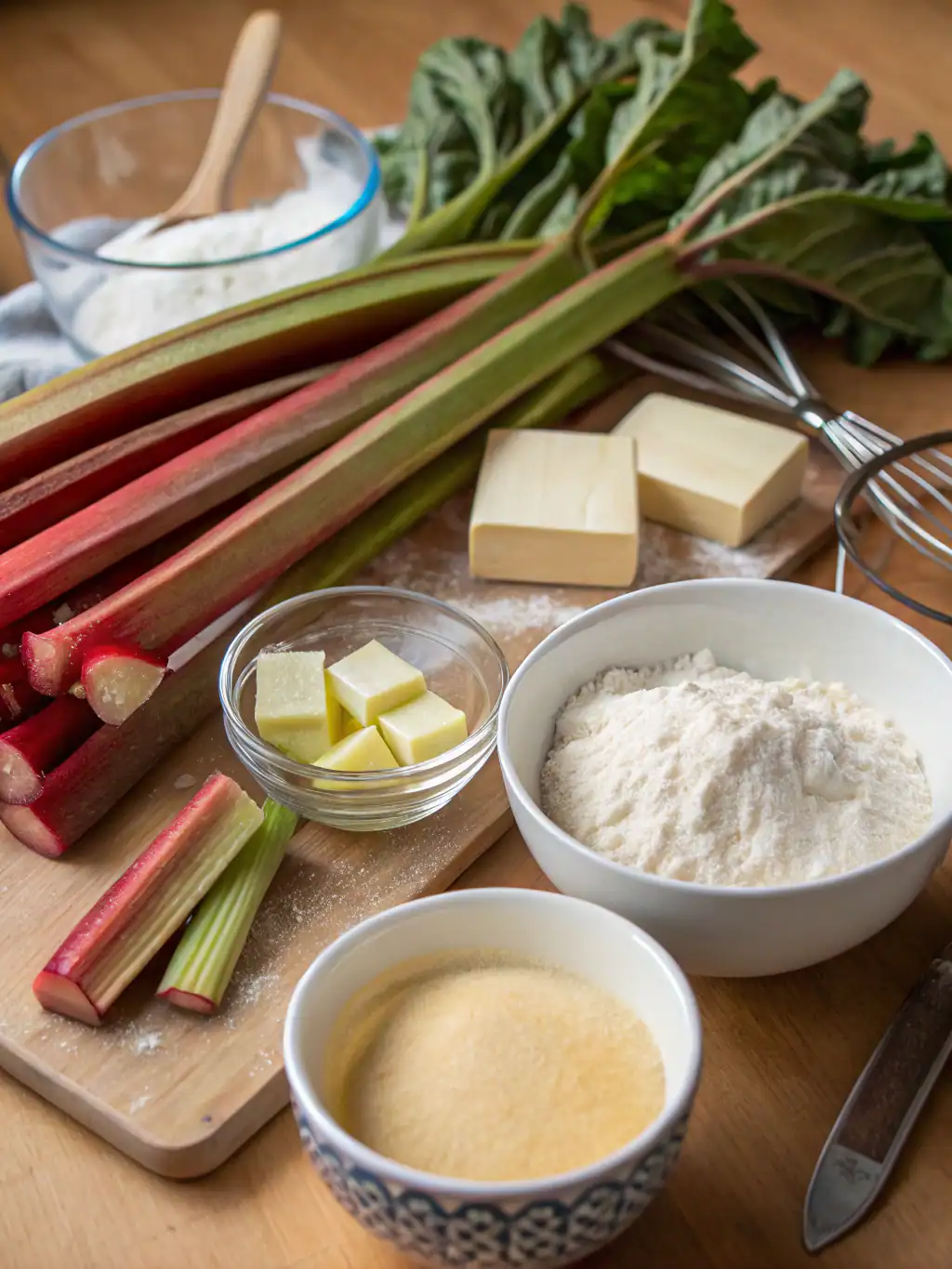 Rhubarb stalks, flour, butter, and baking ingredients on a wooden table, ready for rhubarb dessert baking. Fresh rhubarb and baking supplies are arranged for a homemade pie or crumble.